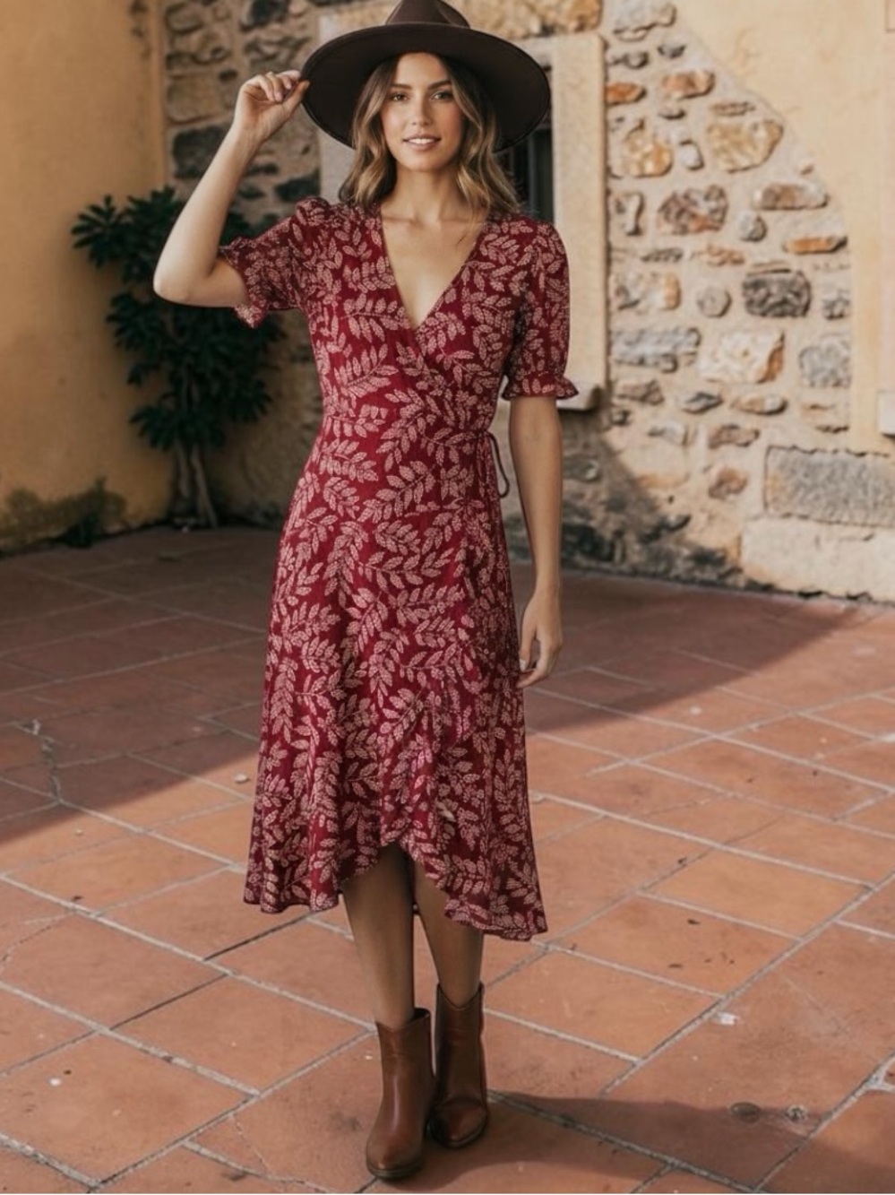 NEW 0012 The Odells Women's Red Leaf-Print Wrap Midi Dress